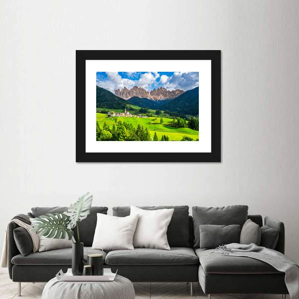 St Magdalena Village With Odle Dolomites Canvas Wall Art-3 Horizontal-Gallery Wrap-25" x 16"-Tiaracle