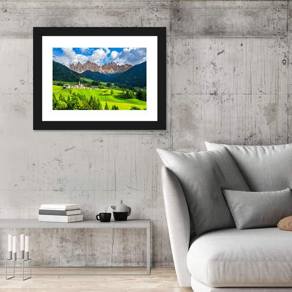 St Magdalena Village With Odle Dolomites Canvas Wall Art-3 Horizontal-Gallery Wrap-25" x 16"-Tiaracle