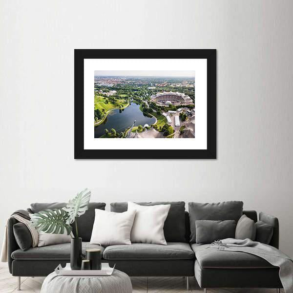Olympia Park Stadium Aerial View, Munich Canvas Wall Art in gray, green and blue, hung on a wall
