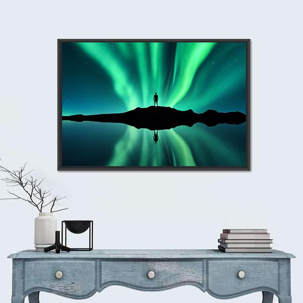 Standing Man Against Aurora Borealis Canvas Wall Art-1 Piece-Floating Frame-24" x 16"-Tiaracle