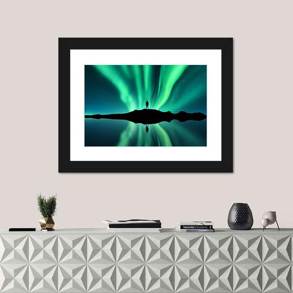 Standing Man Against Aurora Borealis Canvas Wall Art-1 Piece-Framed Print-20" x 16"-Tiaracle