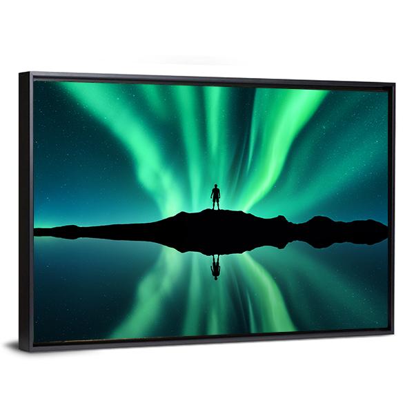 Standing Man Against Aurora Borealis Canvas Wall Art-3 Horizontal-Gallery Wrap-25" x 16"-Tiaracle