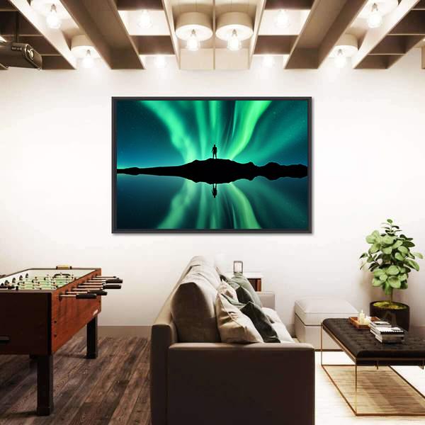 Standing Man Against Aurora Borealis Canvas Wall Art-3 Horizontal-Gallery Wrap-25" x 16"-Tiaracle