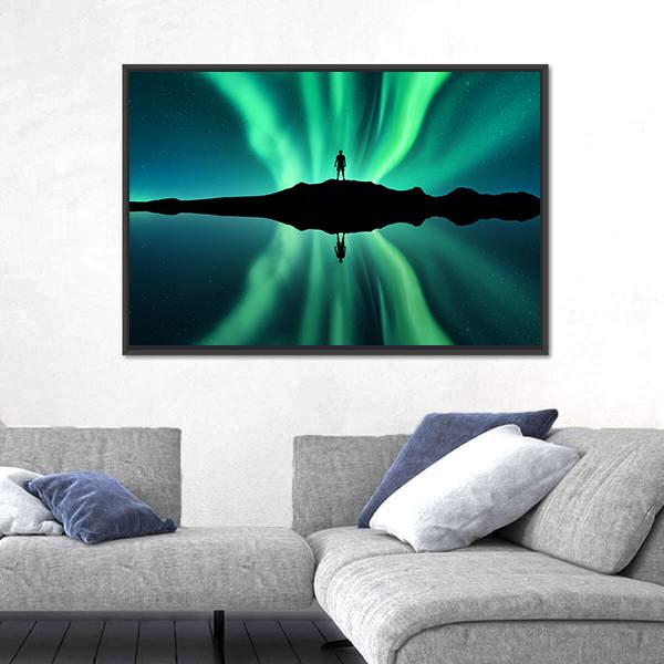 Standing Man Against Aurora Borealis Canvas Wall Art-3 Horizontal-Gallery Wrap-25" x 16"-Tiaracle