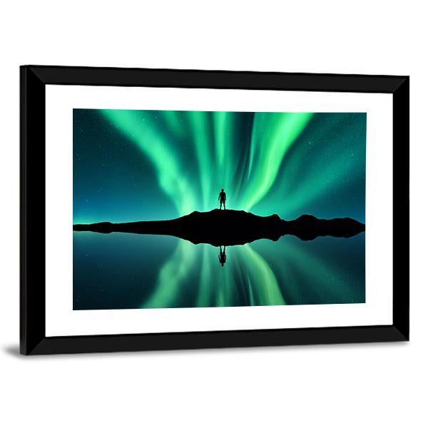 Standing Man Against Aurora Borealis Canvas Wall Art-3 Horizontal-Gallery Wrap-25" x 16"-Tiaracle