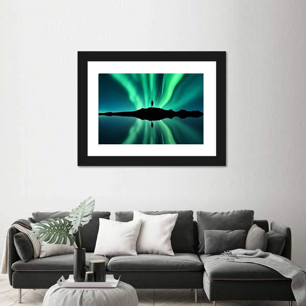 Standing Man Against Aurora Borealis Canvas Wall Art-3 Horizontal-Gallery Wrap-25" x 16"-Tiaracle