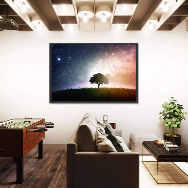 Star And Galaxies Behind The Tree Canvas Wall Art-1 Piece-Floating Frame-24&quot; x 16&quot;-Tiaracle