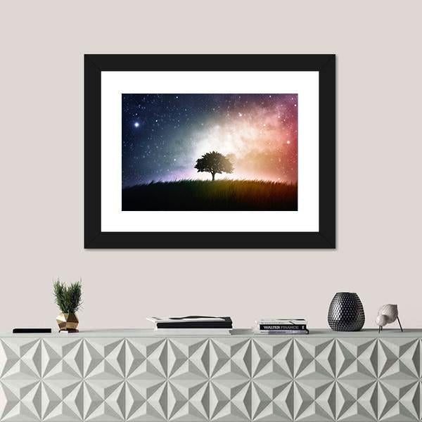 Star And Galaxies Behind The Tree Canvas Wall Art-1 Piece-Framed Print-20" x 16"-Tiaracle