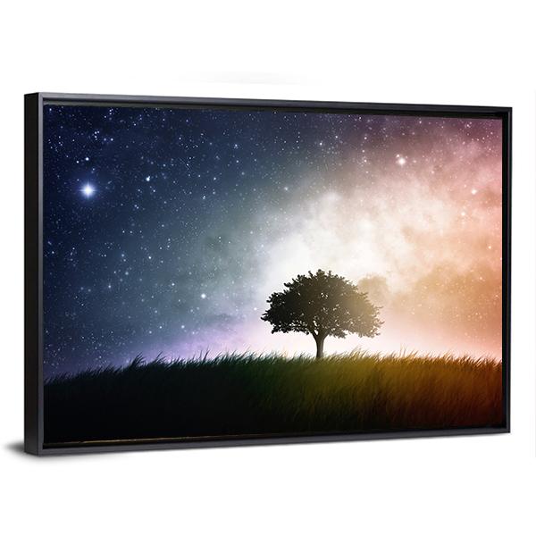 Star And Galaxies Behind The Tree Canvas Wall Art-3 Horizontal-Gallery Wrap-25" x 16"-Tiaracle