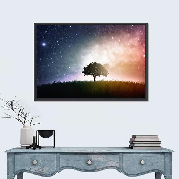 Star And Galaxies Behind The Tree Canvas Wall Art-3 Horizontal-Gallery Wrap-25" x 16"-Tiaracle