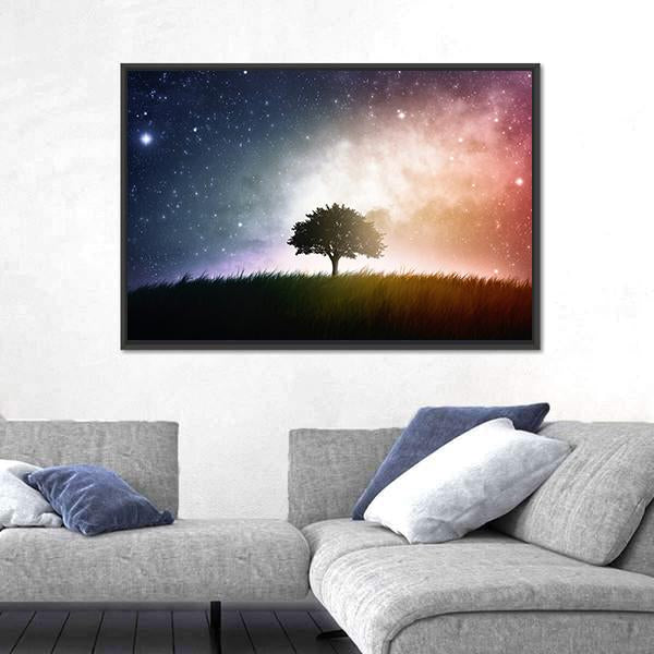 Star And Galaxies Behind The Tree Canvas Wall Art-3 Horizontal-Gallery Wrap-25" x 16"-Tiaracle