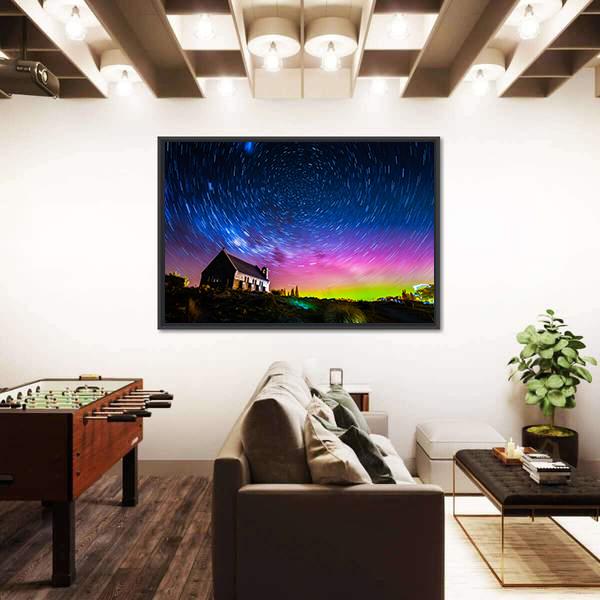 Star Trails And Aurora Light At Church Of Good Shepherd Canvas Wall Art-1 Piece-Floating Frame-36" x 24"-Tiaracle