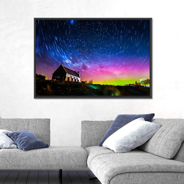 Star Trails And Aurora Light At Church Of Good Shepherd Canvas Wall Art-5 Horizontal-Gallery Wrap-22" x 12"-Tiaracle