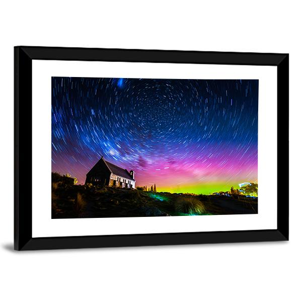 Star Trails And Aurora Light At Church Of Good Shepherd Canvas Wall Art-5 Horizontal-Gallery Wrap-22" x 12"-Tiaracle