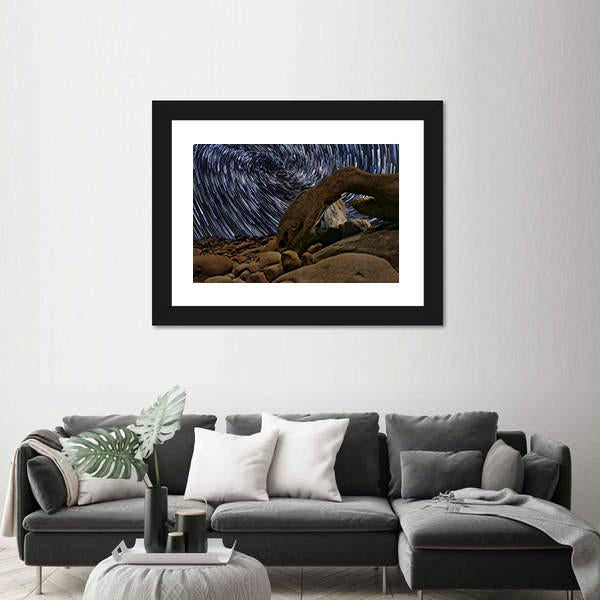 Star Trails In Joshua Tree National Park At The Arch Canvas Wall Art-1 Piece-Framed Print-30" x 20"-Tiaracle