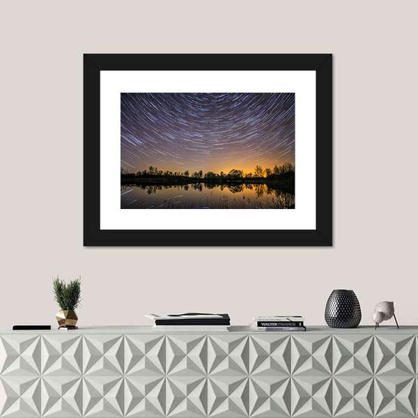 Star Trails With Reflection In Lake Canvas Wall Art-1 Piece-Framed Print-20" x 16"-Tiaracle
