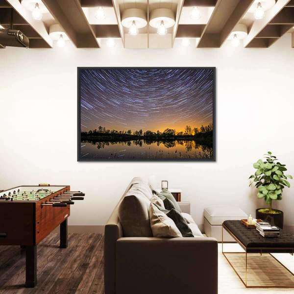 Star Trails With Reflection In Lake Canvas Wall Art-5 Horizontal-Gallery Wrap-22" x 12"-Tiaracle