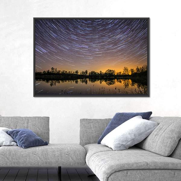 Star Trails With Reflection In Lake Canvas Wall Art-5 Horizontal-Gallery Wrap-22" x 12"-Tiaracle