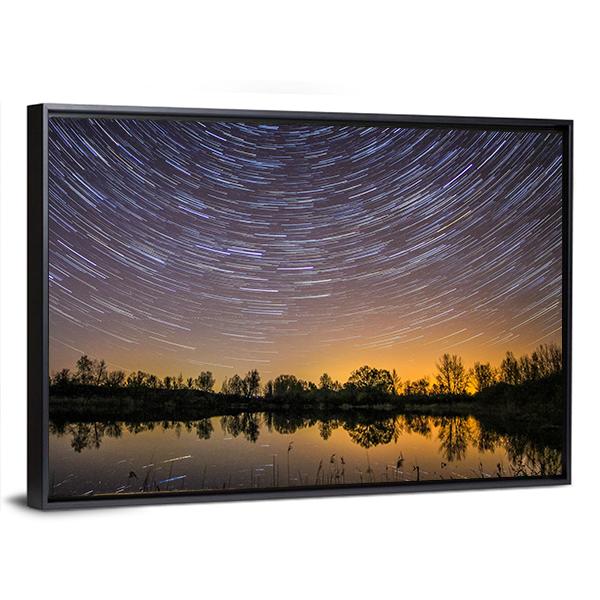 Star Trails With Reflection In Lake Canvas Wall Art-5 Horizontal-Gallery Wrap-22" x 12"-Tiaracle