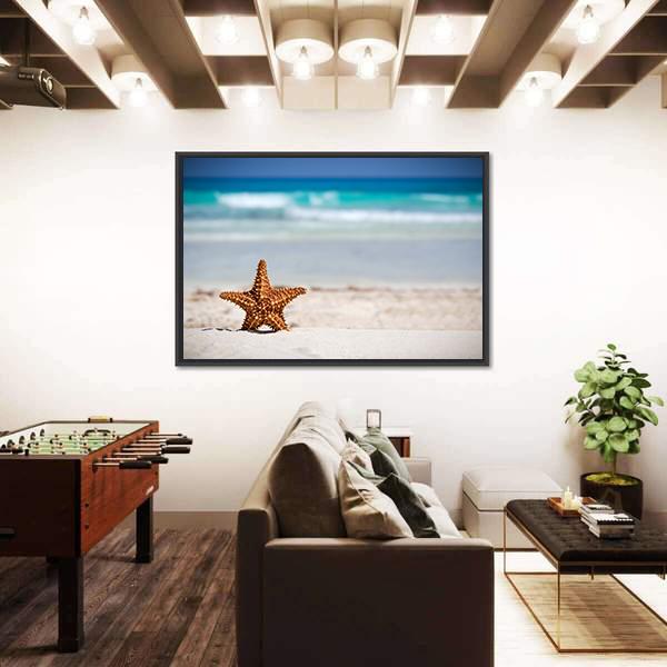 Starfish On Caribbean Sandy Beach Canvas Wall Art-1 Piece-Floating Frame-36" x 24"-Tiaracle