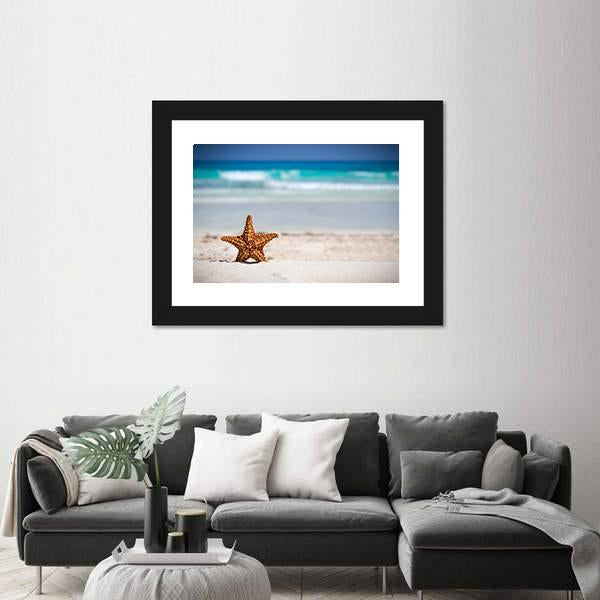 Starfish On Caribbean Sandy Beach Canvas Wall Art-1 Piece-Framed Print-42" x 14"-Tiaracle
