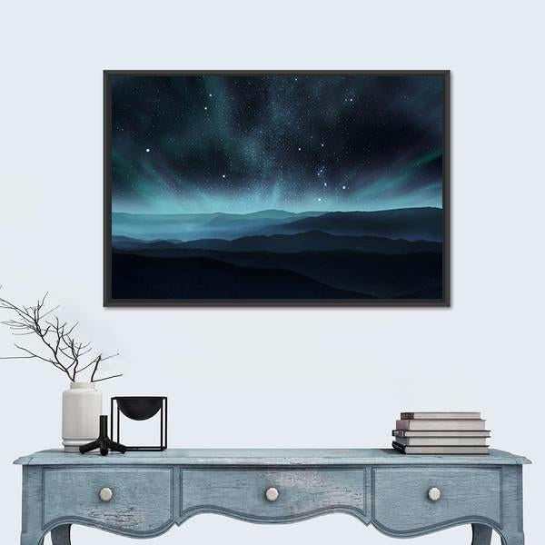 Starry Night Sky With Aurora Over Hills Canvas Wall Art-3 Horizontal-Gallery Wrap-25" x 16"-Tiaracle
