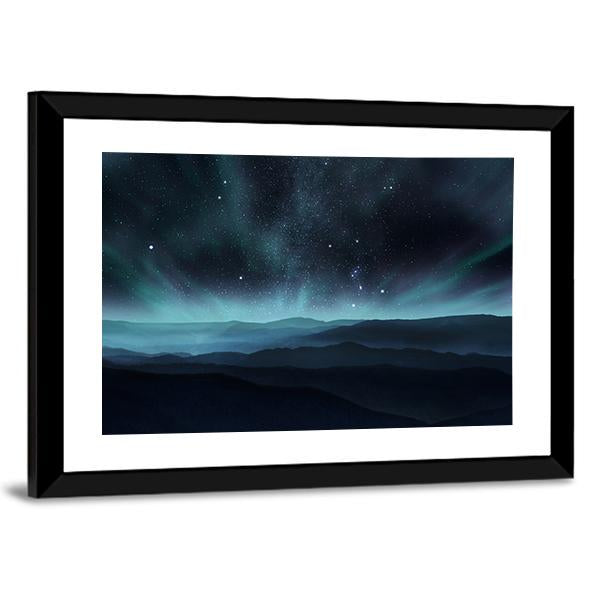 Starry Night Sky With Aurora Over Hills Canvas Wall Art-3 Horizontal-Gallery Wrap-25" x 16"-Tiaracle