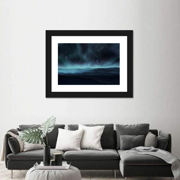 Starry Night Sky With Aurora Over Hills Canvas Wall Art-3 Horizontal-Gallery Wrap-25" x 16"-Tiaracle