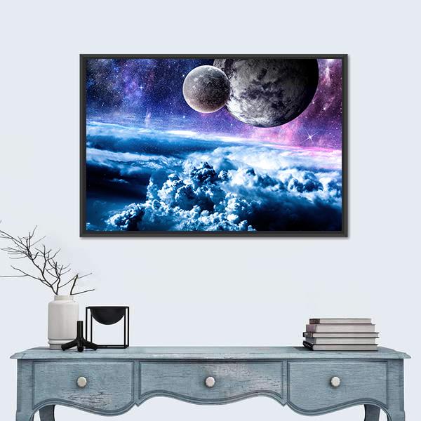 Starry Sky And Space Planets Canvas Wall Art-5 Horizontal-Gallery Wrap-22" x 12"-Tiaracle