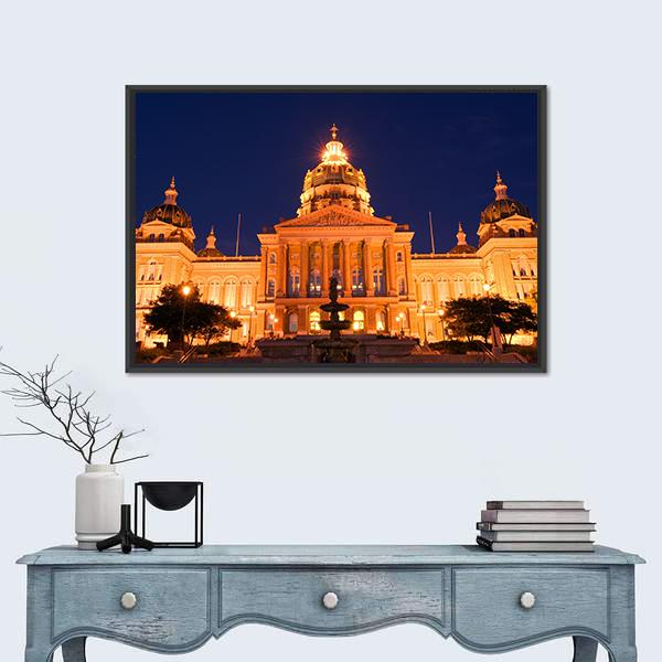 State Capitol At Night in Des Moines Canvas Wall Art-1 Piece-Floating Frame-24" x 16"-Tiaracle