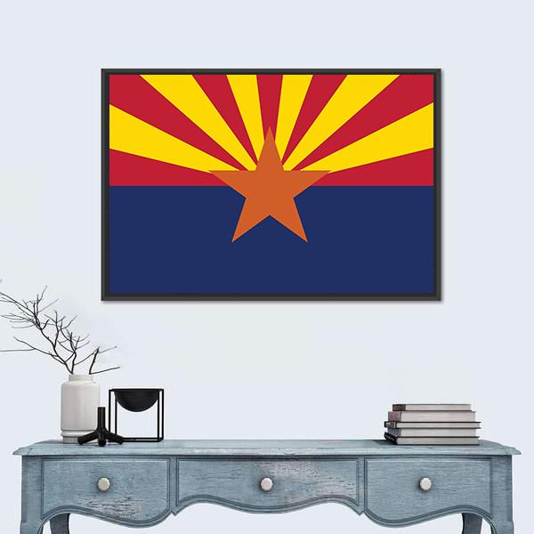 Arizona State Flag Canvas Wall Art in red, yellow and blue, framed canvas, product view on a white background