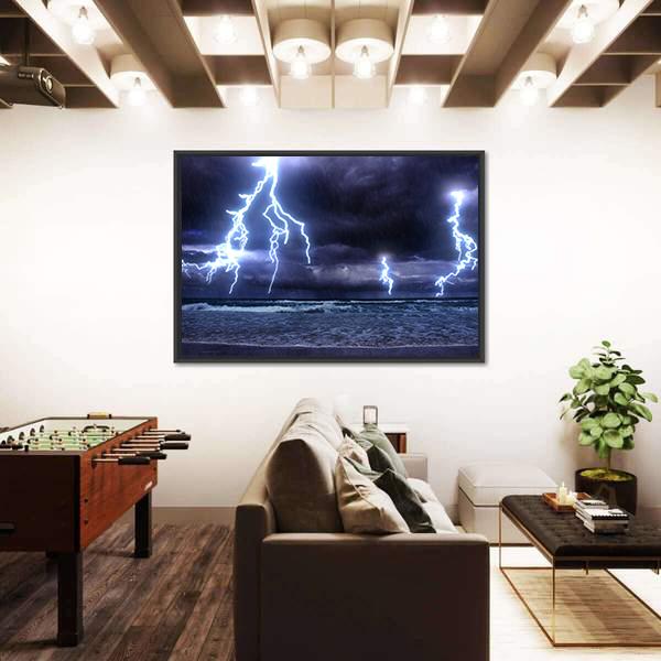 Storm On The Sea With Lightnings Canvas Wall Art-1 Piece-Floating Frame-24" x 16"-Tiaracle