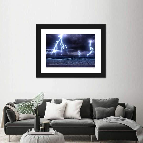 Storm On The Sea With Lightnings Canvas Wall Art-1 Piece-Framed Print-20" x 16"-Tiaracle