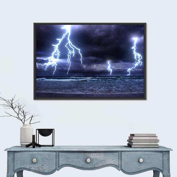 Storm On The Sea With Lightnings Canvas Wall Art-5 Horizontal-Gallery Wrap-22" x 12"-Tiaracle