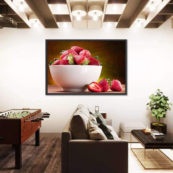 Strawberries In Bowl Canvas Wall Art-1 Piece-Floating Frame-24" x 16"-Tiaracle