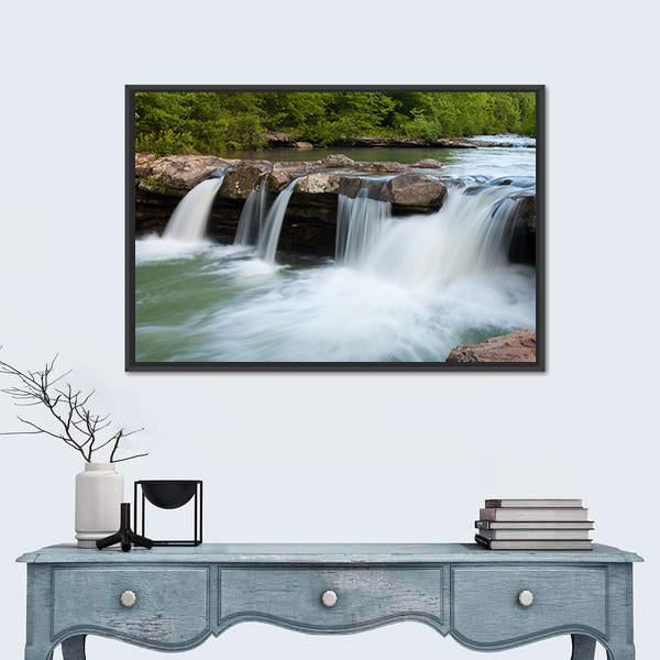 Stream In Forest Canvas Wall Art-1 Piece-Floating Frame-36" x 24"-Tiaracle