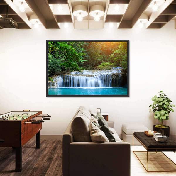 Stream In Green Forest Jungle Canvas Wall Art-1 Piece-Floating Frame-24" x 16"-Tiaracle
