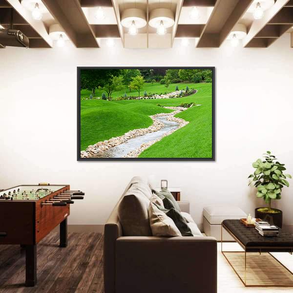 Stream Of Water Flowing Through Grassy Hills With Trees Canvas Wall Art-1 Piece-Floating Frame-24" x 16"-Tiaracle