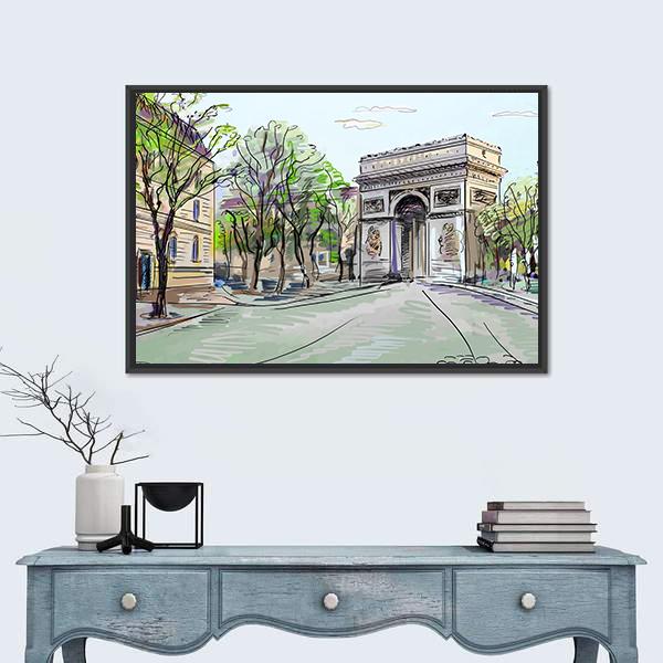 Paris Street with Arc De Triomphe Canvas Wall Art in gray, beige and green, hung on a wall