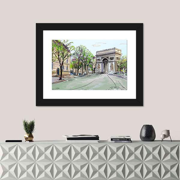 Paris Street with Arc De Triomphe Canvas Wall Art in gray, beige and green, hung on a wall