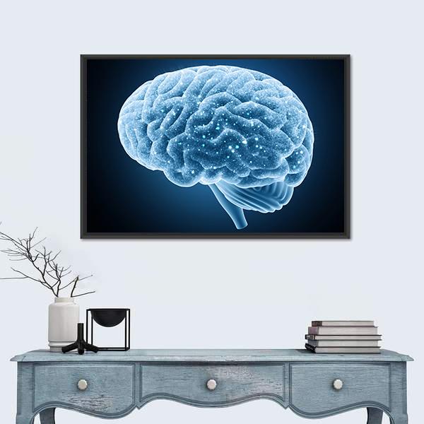 Glowing Blue Brain Structure Canvas Wall Art in black and blue, framed canvas, product view on a white background