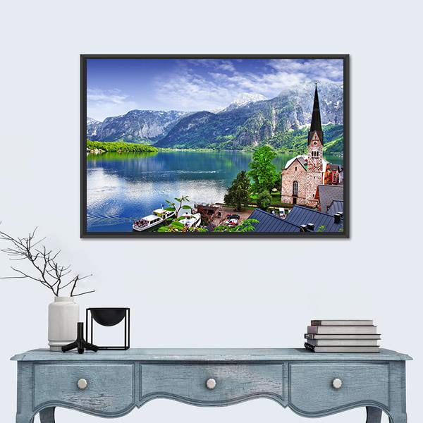 Stunning Alpen Scenery Of Hallstatt Canvas Wall Art-1 Piece-Floating Frame-24" x 16"-Tiaracle