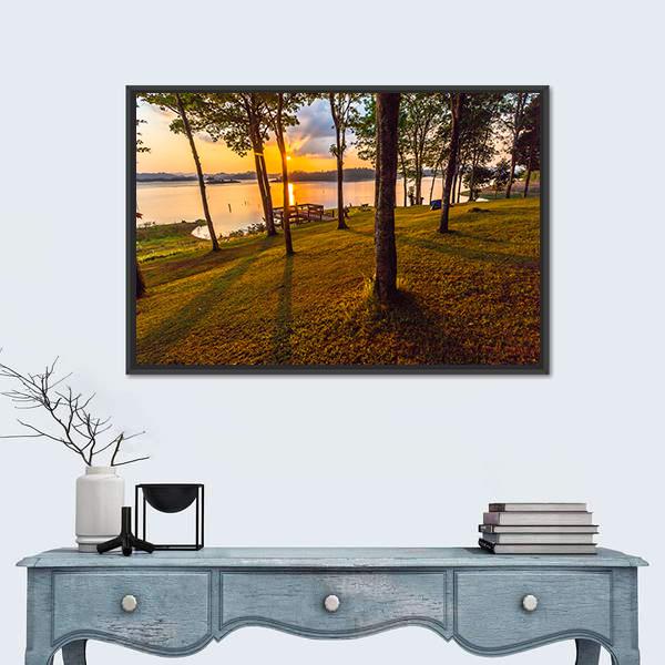 Stunning View Of The Lake In Sunset Time Canvas Wall Art-1 Piece-Floating Frame-24" x 16"-Tiaracle