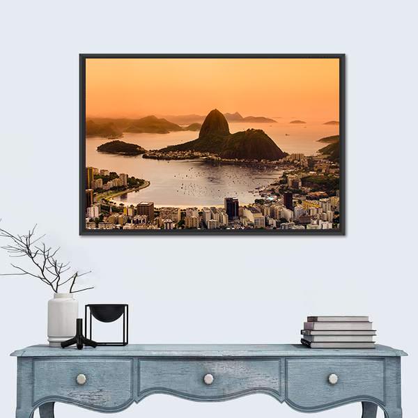 Suggar Loaf And Botafogo Beach At Sunset Canvas Wall Art-1 Piece-Floating Frame-24" x 16"-Tiaracle