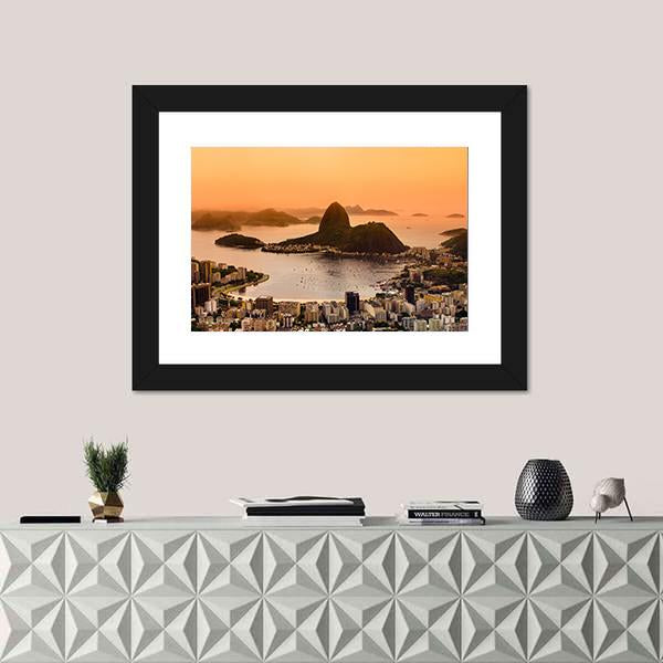 Suggar Loaf And Botafogo Beach At Sunset Canvas Wall Art-1 Piece-Framed Print-20" x 16"-Tiaracle