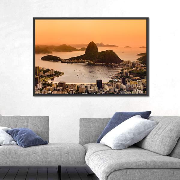Suggar Loaf And Botafogo Beach At Sunset Canvas Wall Art-3 Horizontal-Gallery Wrap-25" x 16"-Tiaracle