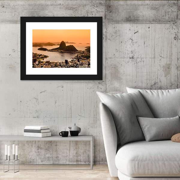 Suggar Loaf And Botafogo Beach At Sunset Canvas Wall Art-3 Horizontal-Gallery Wrap-25" x 16"-Tiaracle