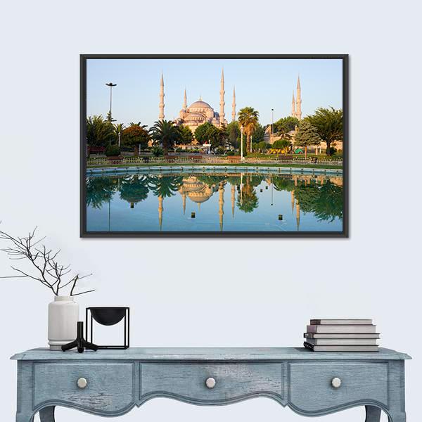 Sultan Ahmet Mosque With Reflection On Water In Istanbul Canvas Wall Art-1 Piece-Floating Frame-24" x 16"-Tiaracle
