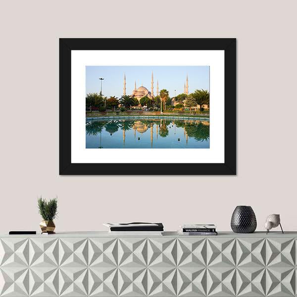 Sultan Ahmet Mosque With Reflection On Water In Istanbul Canvas Wall Art-1 Piece-Framed Print-20" x 16"-Tiaracle