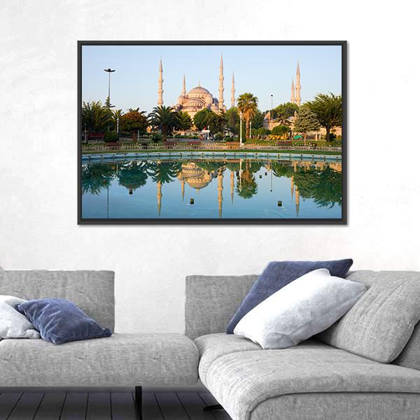 Sultan Ahmet Mosque With Reflection On Water In Istanbul Canvas Wall Art-3 Horizontal-Gallery Wrap-25" x 16"-Tiaracle